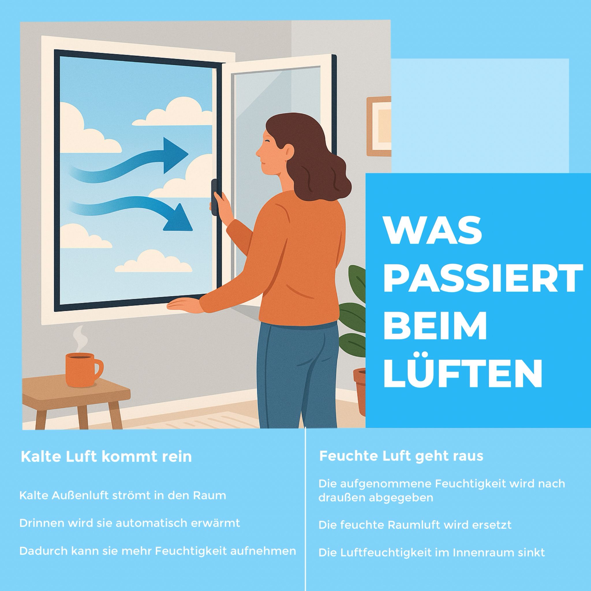 Hinweis zum Heizen und Lüften im Alltag.