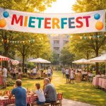 Mieterfest im begrünten Innenhof mit Marktständen, Tischen und bunten Girlanden.