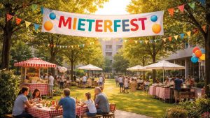 Mieterfest im begrünten Innenhof mit Marktständen, Tischen und bunten Girlanden.