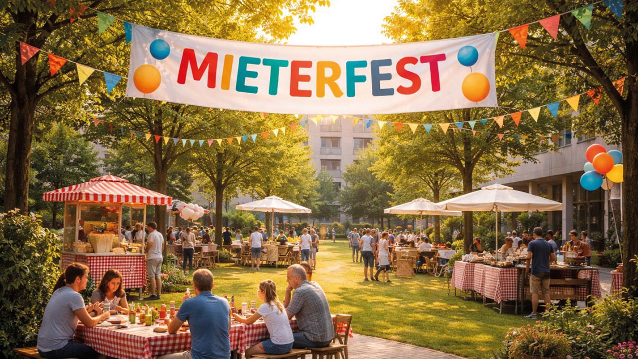 Mieterfest im begrünten Innenhof mit Marktständen, Tischen und bunten Girlanden.